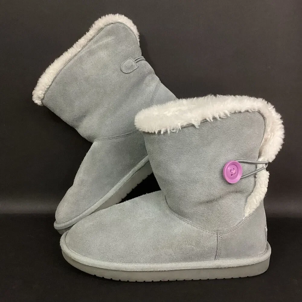 Koolaburra by Ugg Nalie Boots -Kid Sz 4 -Light Gray Suede -Faux Fur Lined Bootie